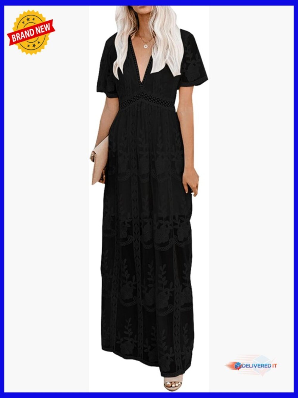 Deep V Neck Short Sleeve Floral Lace Maxi Dress Bridesmaid Wedding Party